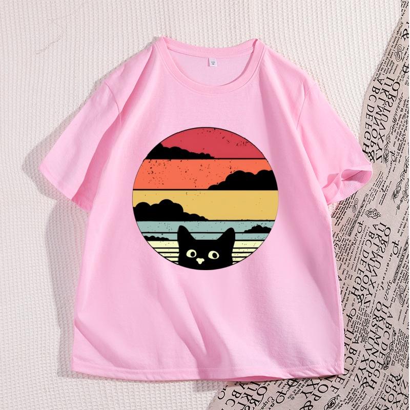 Schwarze Katze Sonnenuntergang T-Shirt Vintage Grafik Unisex T-Shirt Coole Streetwear Unisex T-Shirts Lässig Hohe Qualität Baumwolle Y2k Kleidung