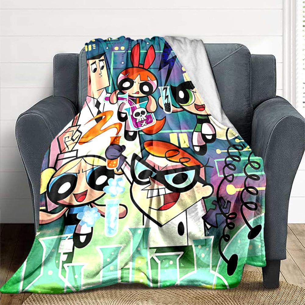 1pc Powerpuff Girls Science Lab Cozy Print Blanket Lightweight Warm Flannel Throw Blanket For Sofa, Bed, Living Room
