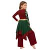 Girls Worship Dance Outfit Long Sleeve Printed Patchwork Irregular Hem Dress with Wide Leg Pants