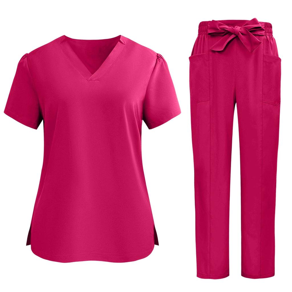 Top da Lavoro da Donna a Maniche Corte con Scollo a V e Tasche Set Uniforme per Caregiver