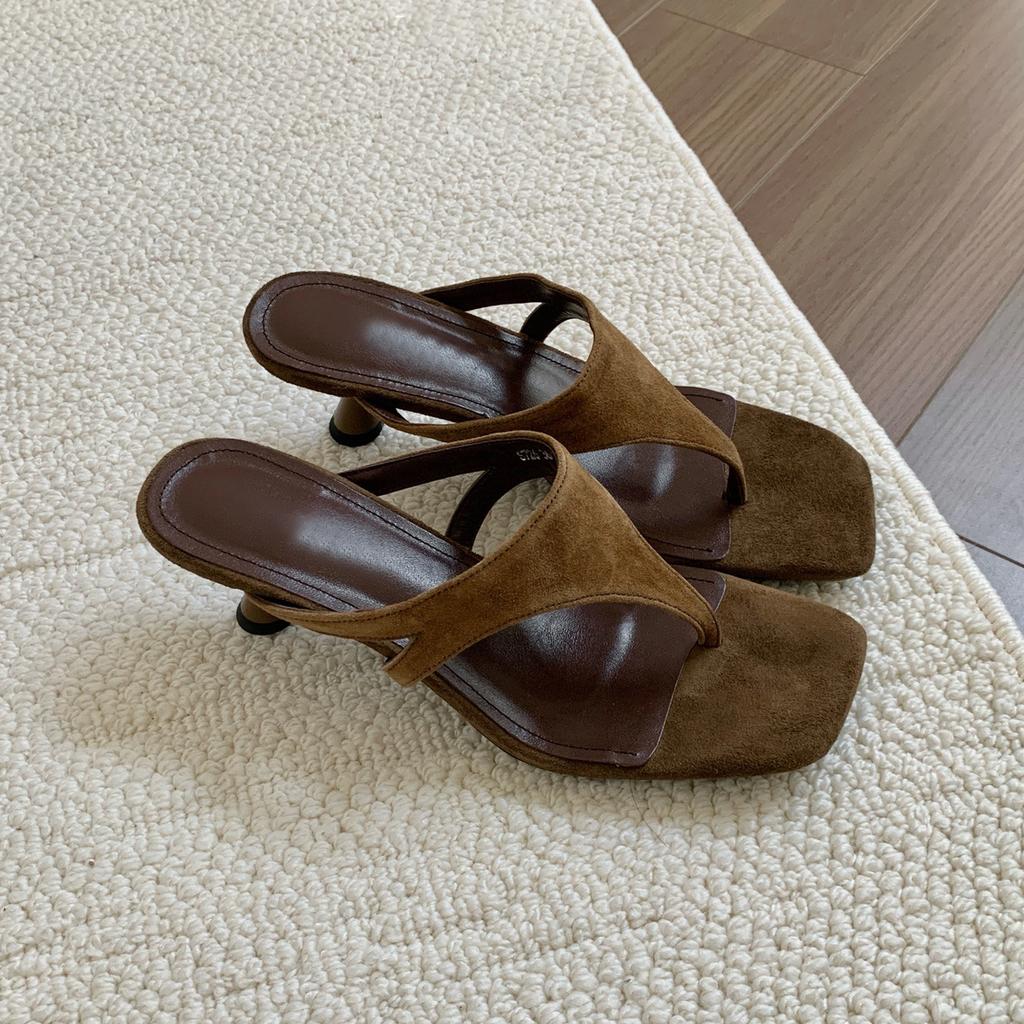Sheepskin Version~ Retro Temperament Minimalist Toe Thin Heel Cool Slippers Women Wear Flip-Flops Versatile High Heel Sandals