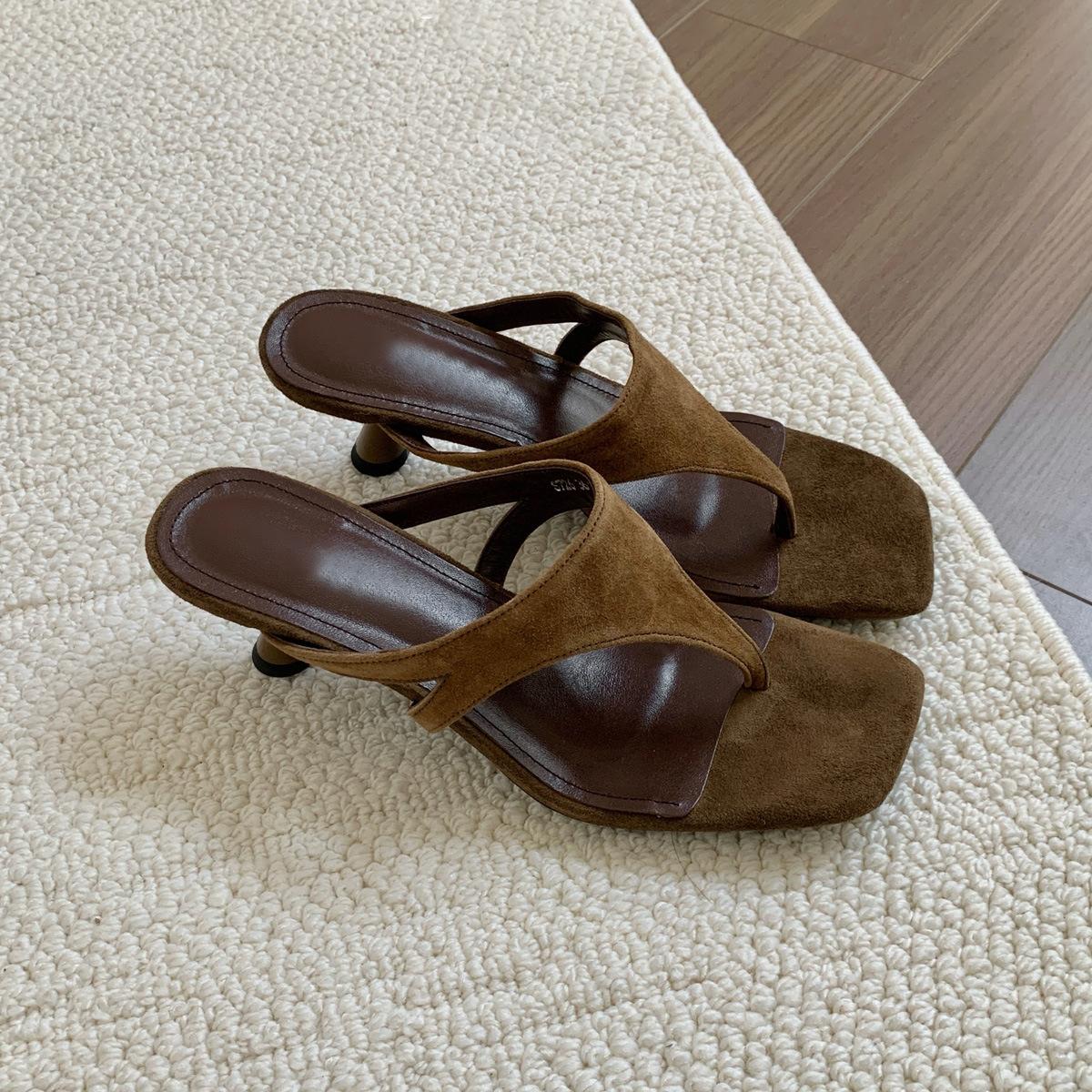 Sheepskin Version~ Retro Temperament Minimalist Toe Thin Heel Cool Slippers Women Wear Flip-Flops Versatile High Heel Sandals 35