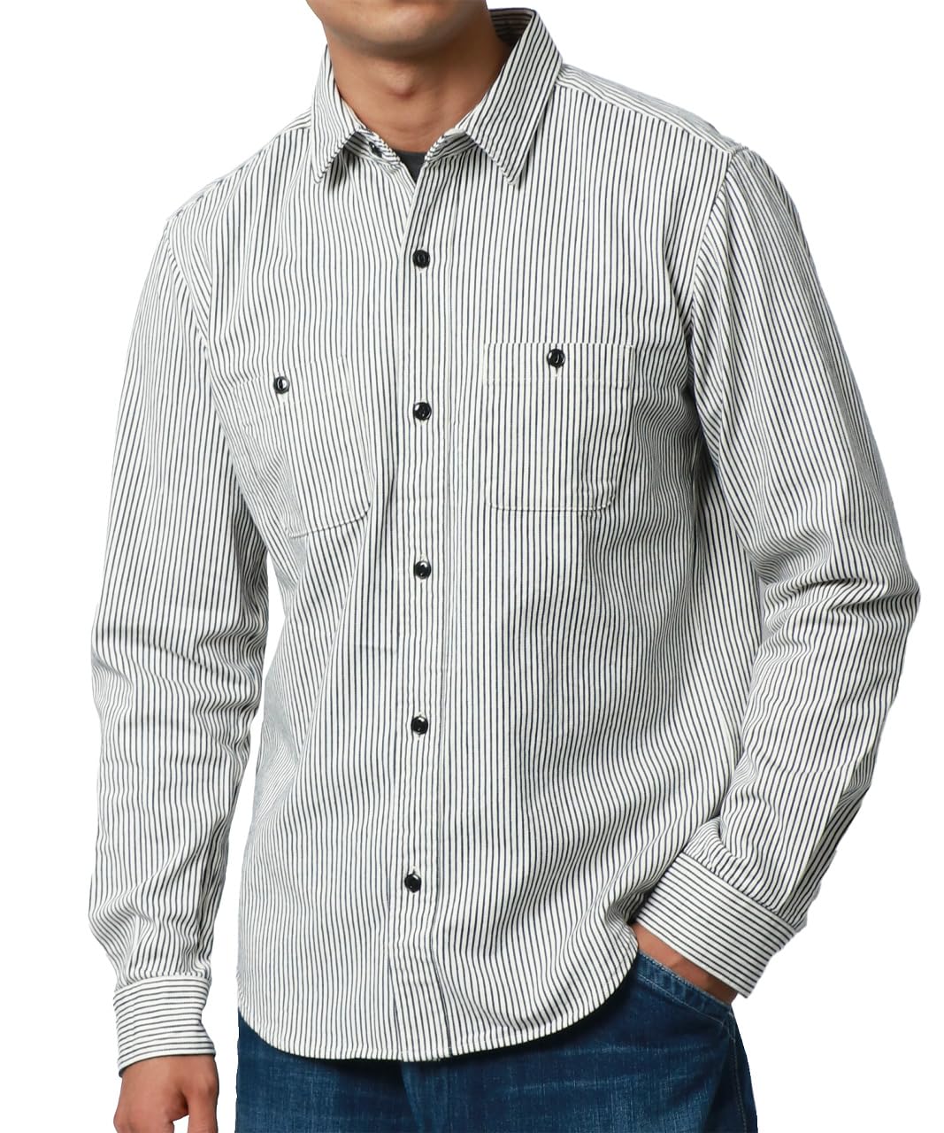 

Work Shirt for Long Hickory Made in White x L [MRU] Men, Sleeve, Stripe, Japan, 100% Cotton, Casual, Simple, Navy,
