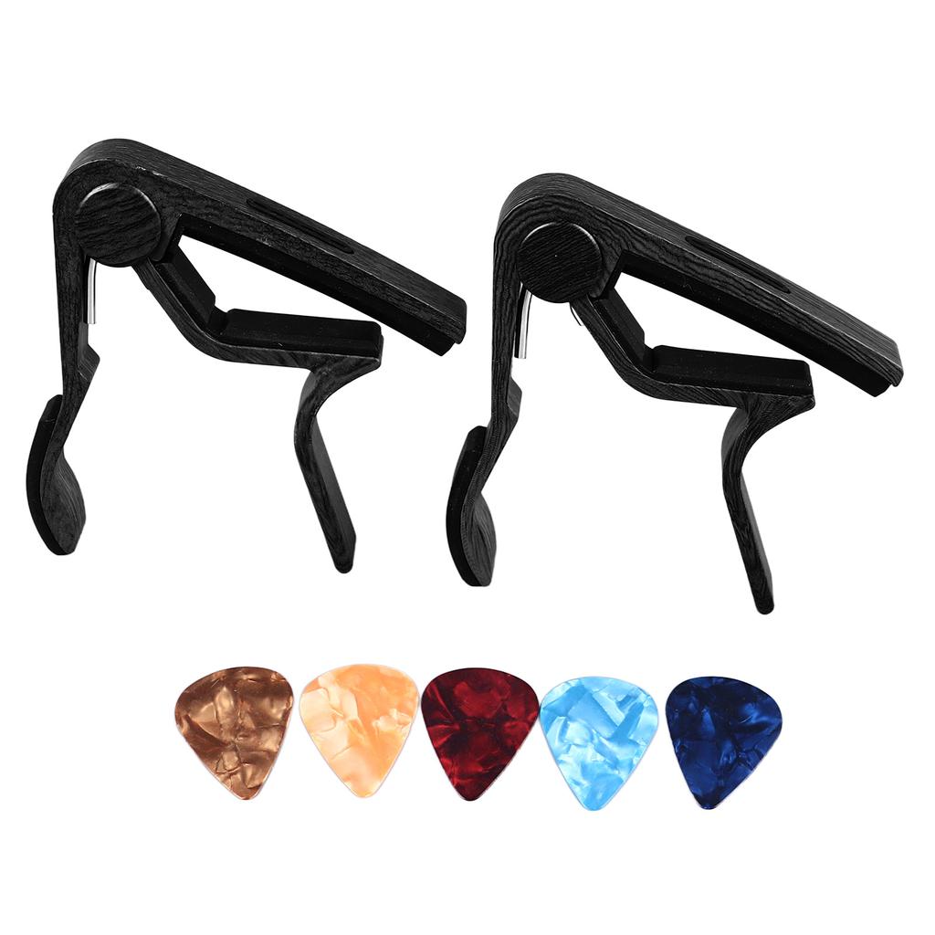 2Pcs Acoustic Guitar Capo Wood Rubber Pad Adjustable Professional Electric Guitar Capo with 5Pcs Picks Black