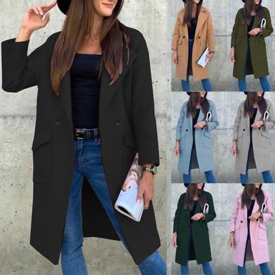 Women's  And Winter Solid Color Long Sleeve Lapel Button Pocket Tweed Medium Length Coat