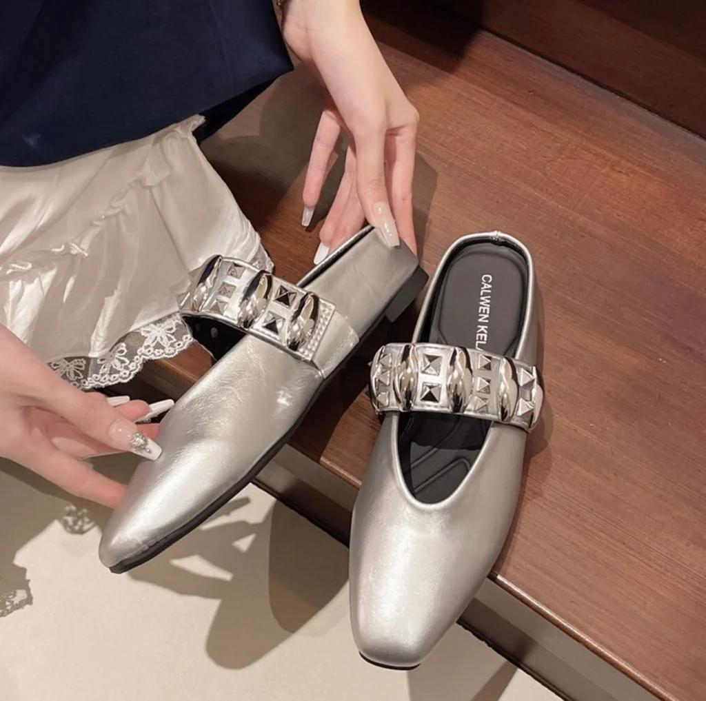 Frühling Sommer Neue Eckige Zehen Pantoletten Metallschnalle Dicke Sohle Damen Slipper Mules Schuhe Mode Koreanisch Vielseitig Kleid Slides