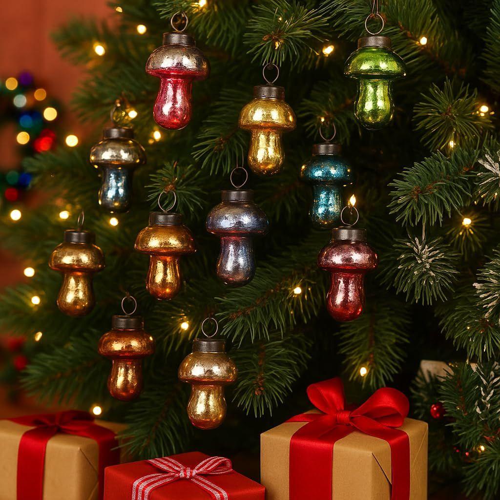 12 Multicolor Distress Mashrooom Large Christmas Ornaments Unique Glass Christmas Hanging for Tree, Halloween, New Year, Valentine Day