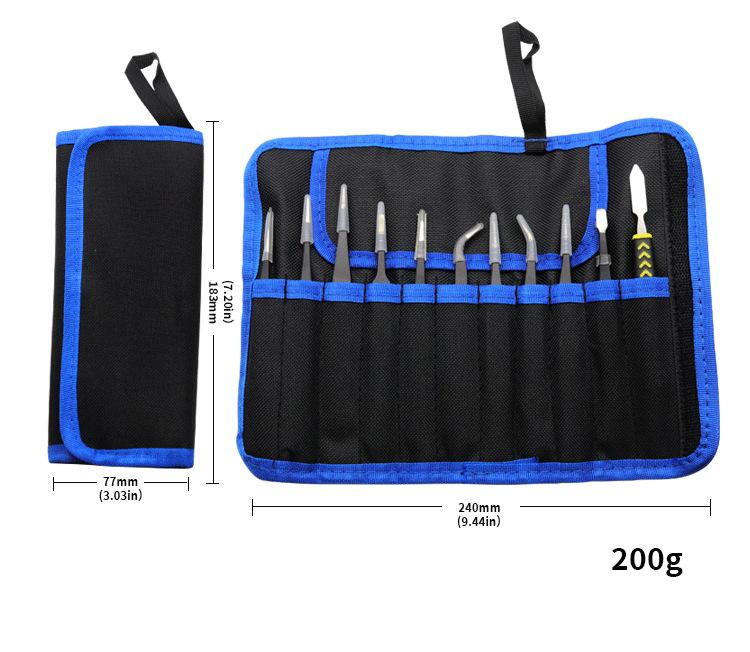 Stainless Steel 10-Piece/11-Piece Tweezer Set with Pointed and Bent Tips, Canvas Bag Included