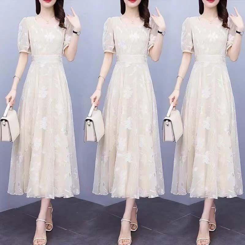 Floral Short Sleeve Dress for Women - Korean Style Waist-Cinched Slimming Skirt