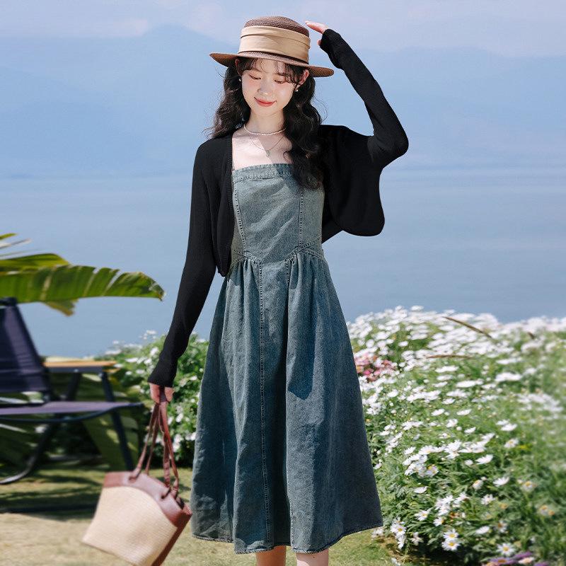 Women's 2024 Summer French Retro Denim Knot Cardigan & Camisole Dress Set