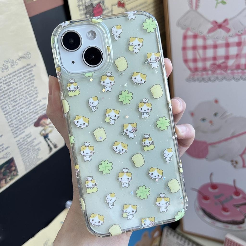 Japan INS Creative Cute Clover Cotton Candy Cat Glitter Phone Case For iPhone 16 15 14 13 12 11 Pro Max XR MAX 78Plus Y2k Cover