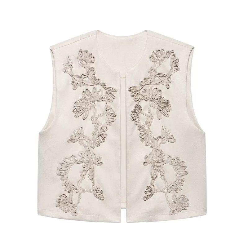 Za Export New Arrival Women's Clothing ZR Fashion Style Embroider Suede Texture Round Neck Vest Jacket 4344150