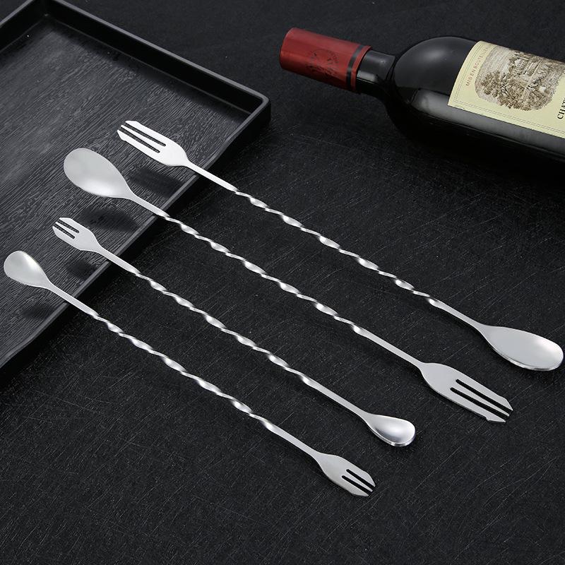 304 Stainless Steel Long-Handle Double-Ended Cocktail Stirring Spoon & Fork