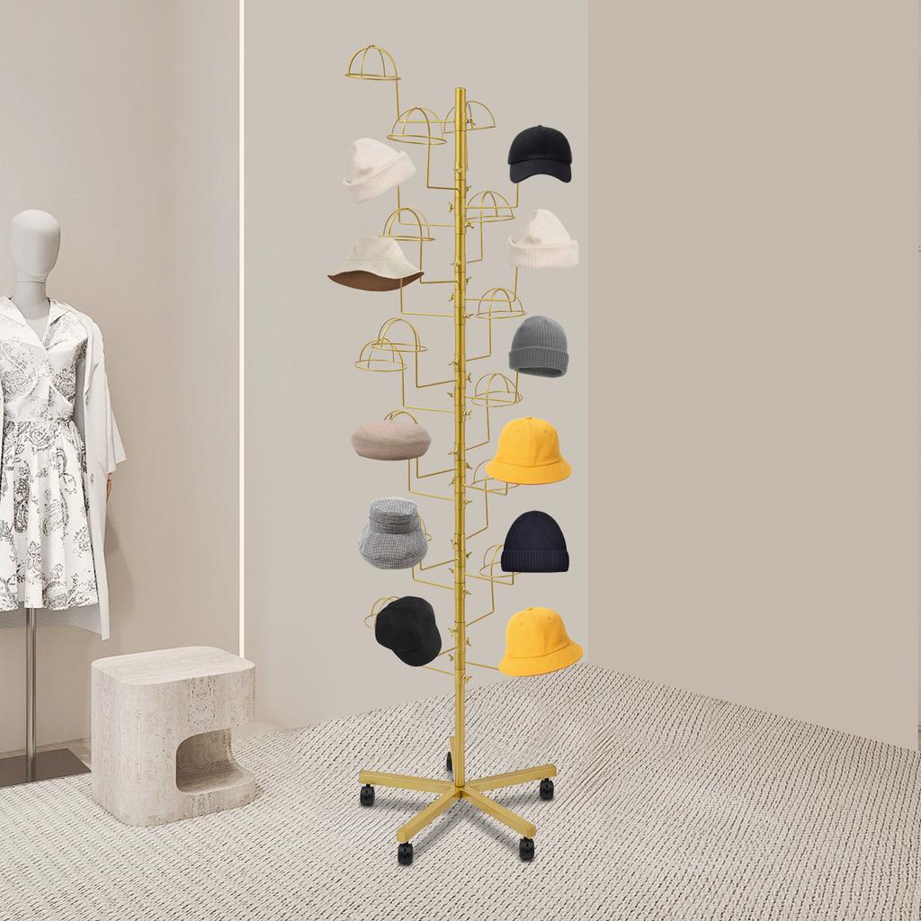 Espositore per cappelli in metallo, Supporto per riporre cappelli con 25 ganci, Espositore per cappelli autoportante - Oro
