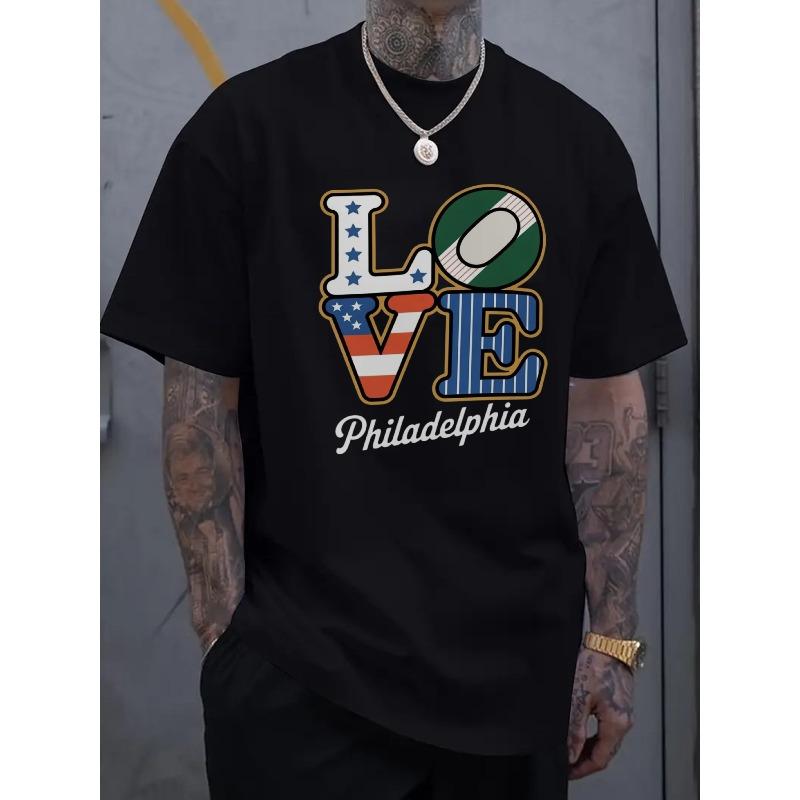 European sizes Black T-Shirt with Philadelphia Love Flag and  Print for Sports Fans S