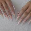24pcs Long Pointed Press-On Nails With Floral Design Soft Skin Tone Rhinestone Accents Sweet INS Style Women