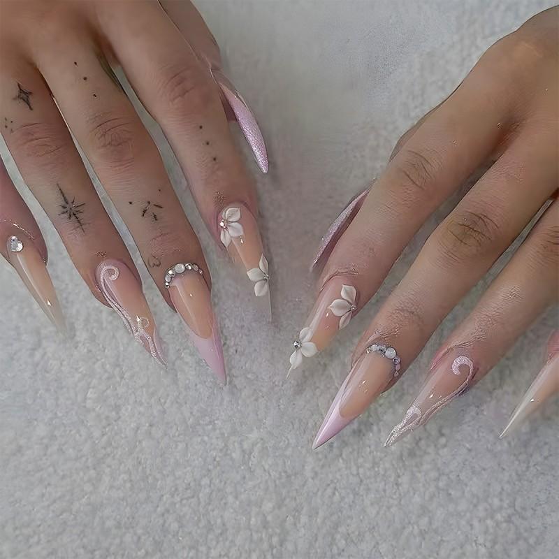 24pcs Long Pointed Press-On Nails With Floral Design Soft Skin Tone Rhinestone Accents Sweet INS Style Women