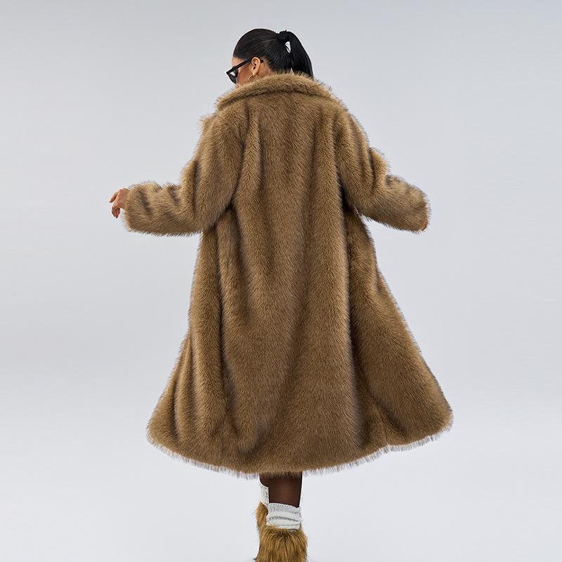 Women's Extra Long Faux Fur Suit Collar Coat, Faux Fur Faux Fur Coat