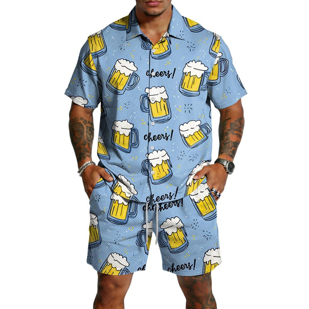 Herren Casual Kurzarmhemd und Shorts Set Bierfest Druck Knopfleiste Leichtes Sommeroutfit Entspannte Passform