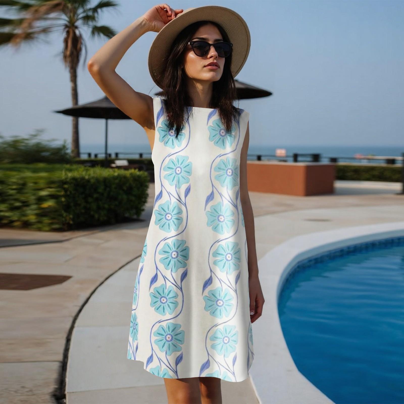 

Женское модное повседневное платье без рукавов с круглым вырезом и цветочным принтом XL небесно-голубой