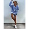 VEZFAA Women's Fashion Casual Spring Fall Stripe Print Long Sleeve V-Neck Trousers Pants Suits