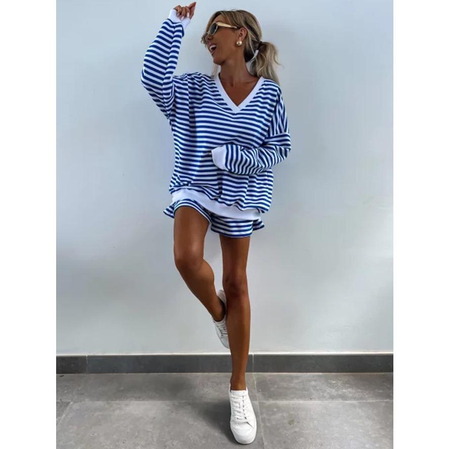 VEZFAA Women's Fashion Casual Spring Fall Stripe Print Long Sleeve V-Neck Trousers Pants Suits