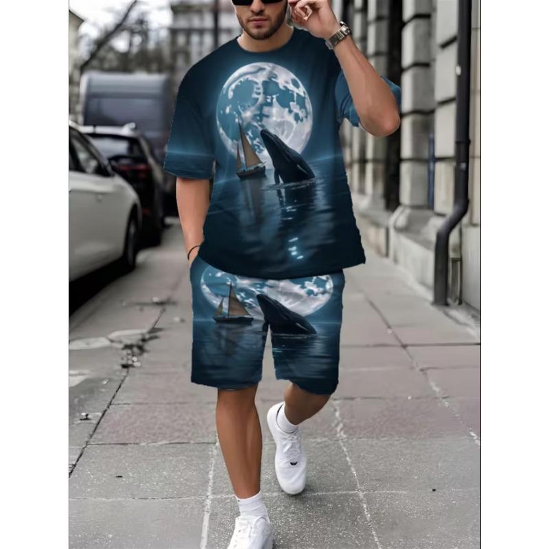 Urban Street Fashion Trend Men's Round Neck Short Sleeved Shorts Set, Outdoor Simple Casual and Comfortable