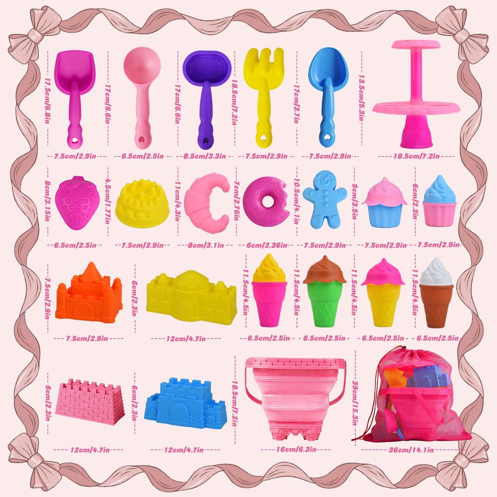 Sandpit Set Beach Toy 31-Piece Set with Folding Bucket & Mesh Bag, Castle & Dessert Shapes, for Sand and Water Play, Suitable for Boys and Girls,