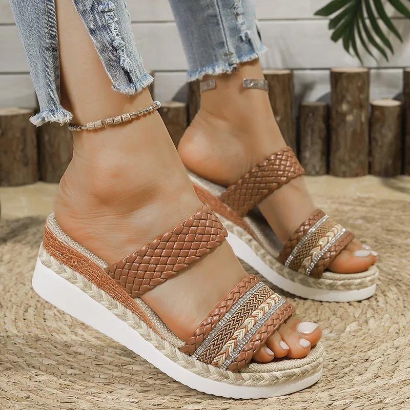 Fashion Fashion Weaving Wedge Heel Sandals for Women 2025 Summer Thick Sole Beach Slippers Woman Comfy Slip On Platform Sandalias Mujer