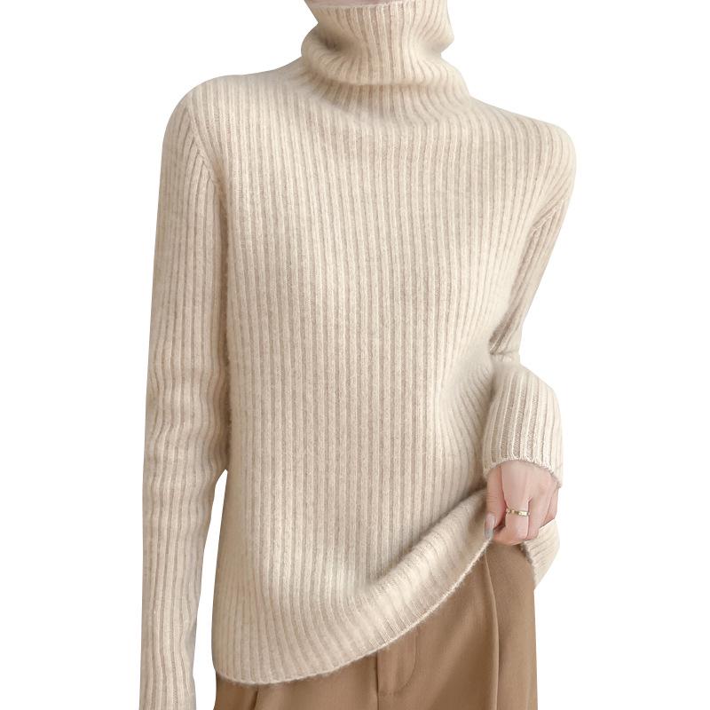 2025 Autumn/Winter High-Neck Pure Wool Ribbed Knitwear Loose Pullover Base Layer