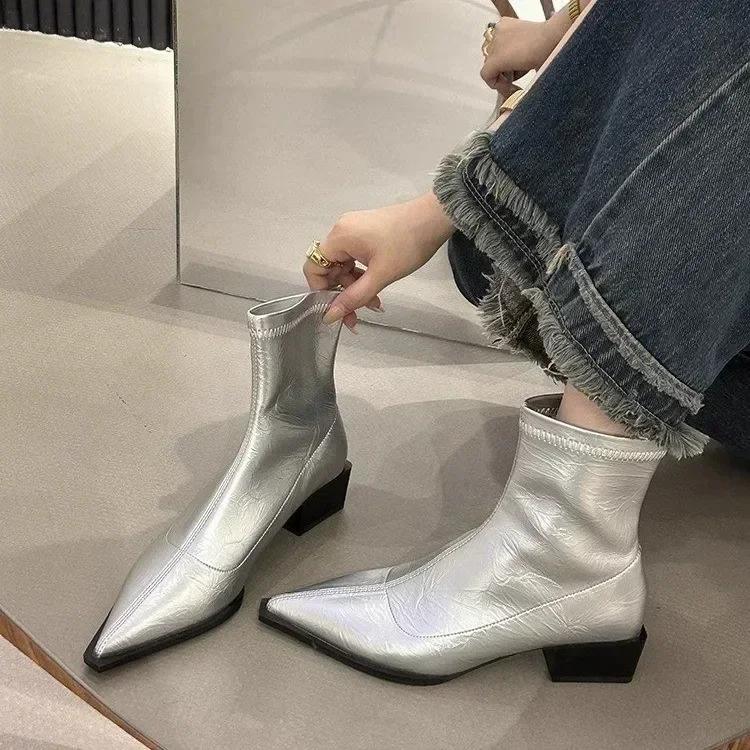 Fashion Autumn Women's Low Heel Ankle Boots New Fashionable Pointed Fold Thick Heel Chelsea Boots, Women's High Heel Sheos Dress Heels