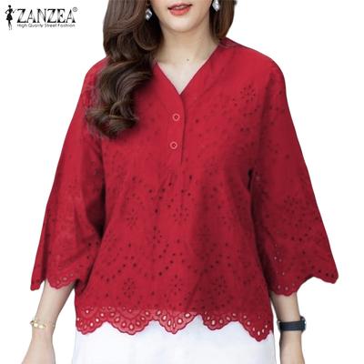 Women Casual V-Neck 3/4 Sleeve Hollow Crochet Patchwork Blouse