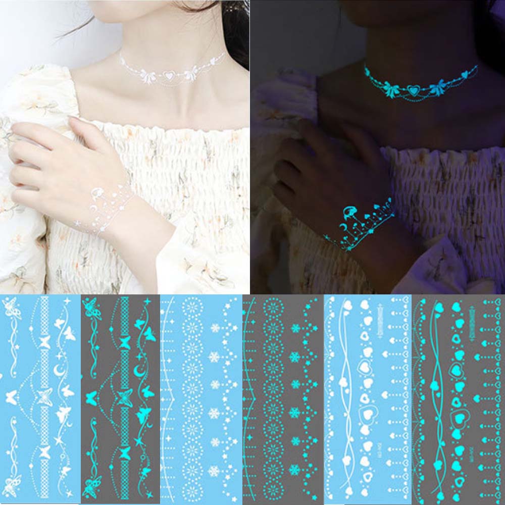 white luminous Bracelet Necklace Body Art 6Sheets Temporary Fake Tatoo Tattoo Sticker Waterproof For Women Accessories
