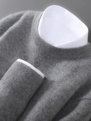 Men's Plus Size 100% Pure Wool Round Neck Cashmere Sweater - Autumn/Winter Casual Knit Pullover