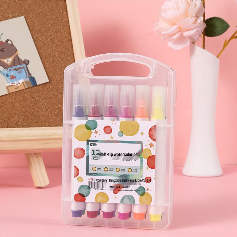 Washable Hard-Tip Watercolor Pens for Kids, 12 Colors, Triangular Barrel, Large Capacity, Boxed Set.