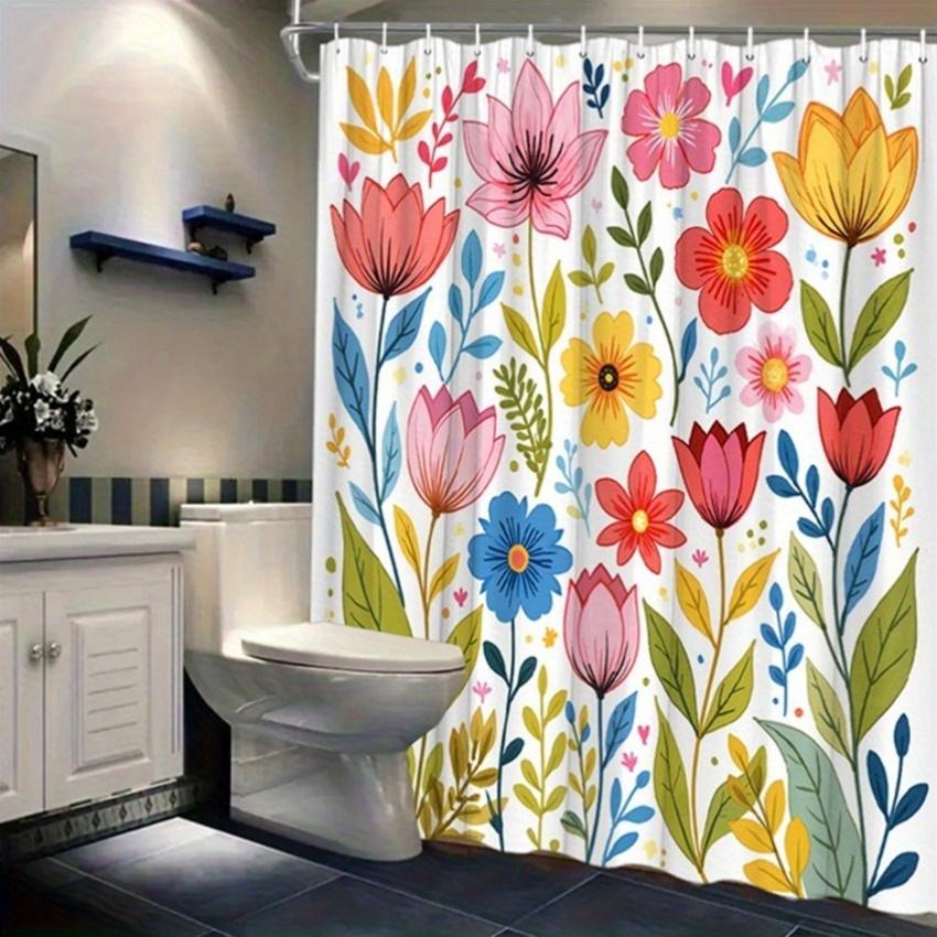 1pc Floral Shower Curtain - Hand-Painted Flowers & Leaves, Polyester, 70.8x70.8", 12 Hooks, Washable
