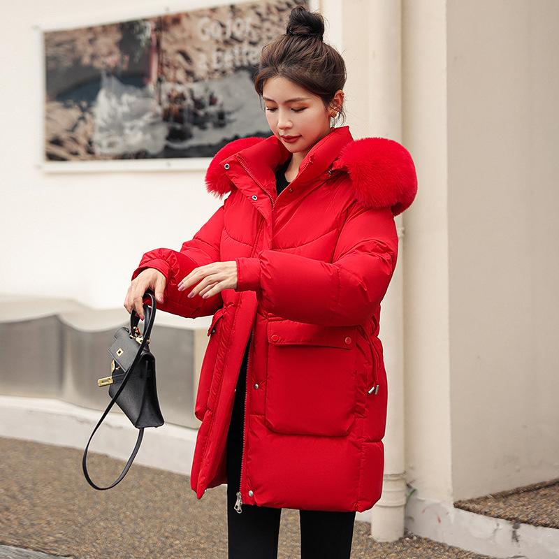 Winter Women's Mid-length Loose Cotton-padded Jacket with Large Fur Collar and Down Jacket