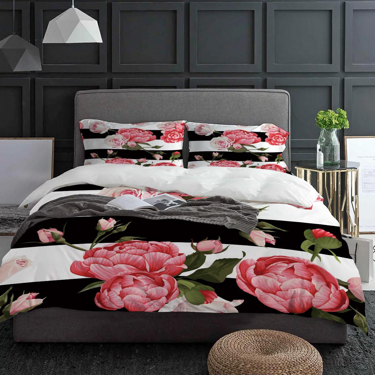 

Peony Rose Pink Flower Black And White Stripes Bedding Set 3pcs Duvet Cover Pillowcase Quilt Cover Double Bed Set Home Textile (135x200cm)