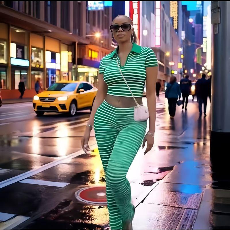 Western Style New Fashion Casual Stripe Top Trousers Set Striped Top and Pants Set