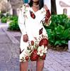 Women Plus Size V Neck Long Sleeve Teal Floral Printed Fitted Straight Dress