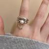 Fashion Zinc Alloy Color Pearl Chain Cuff Ring For Women Couples Simple Metal Double-Layer Adjustable Ring Bride Zircon Gifts