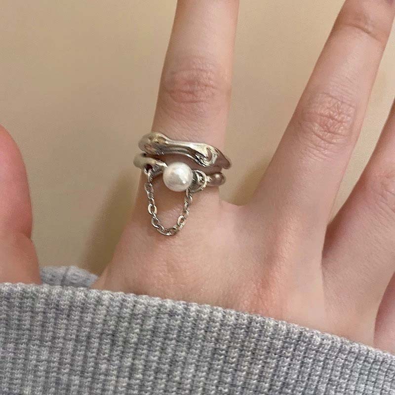 Fashion Zinc Alloy Color Pearl Chain Cuff Ring For Women Couples Simple Metal Double-Layer Adjustable Ring Bride Zircon Gifts