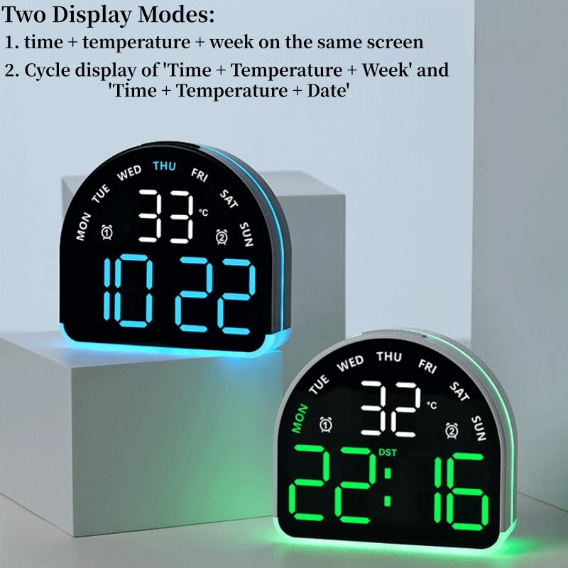 USB Powered Digital Alarm Clock with Mood Light TEMP Date Week 3-level Brightness Table Clock Auto Dimmable 12/24H LED Clock