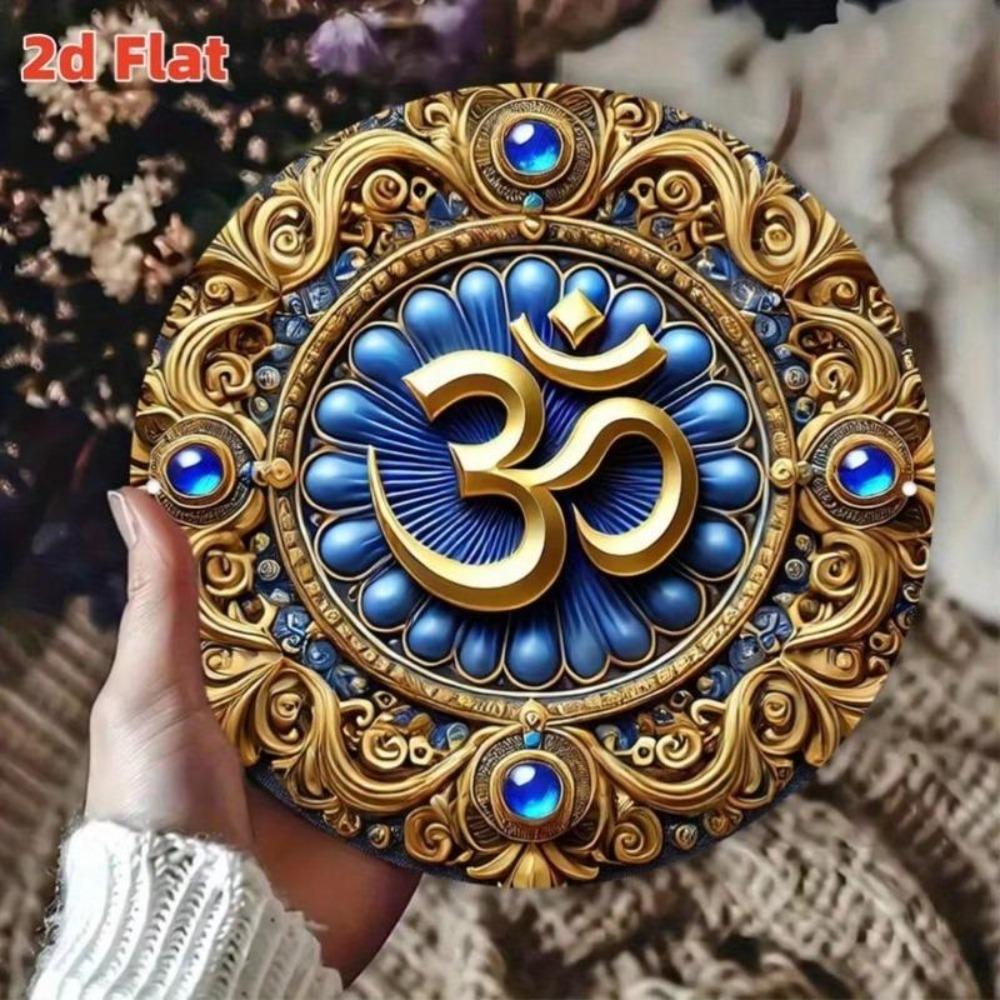 Metal Tin Sign Om Wall Art Blue Golden Geometry Meditation Decor