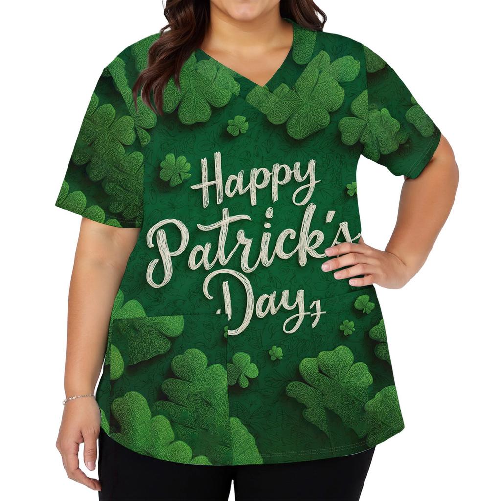 Women's Fashion V-neck Short Sleeve Workwear With Pockets Printed Tops