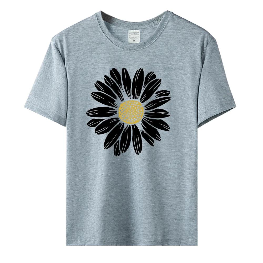 Womens Cotton Daisy Print Base Tshirt Loose round Neck Casual Short Sleeve Fashion Top Wholesale Clothing Summer