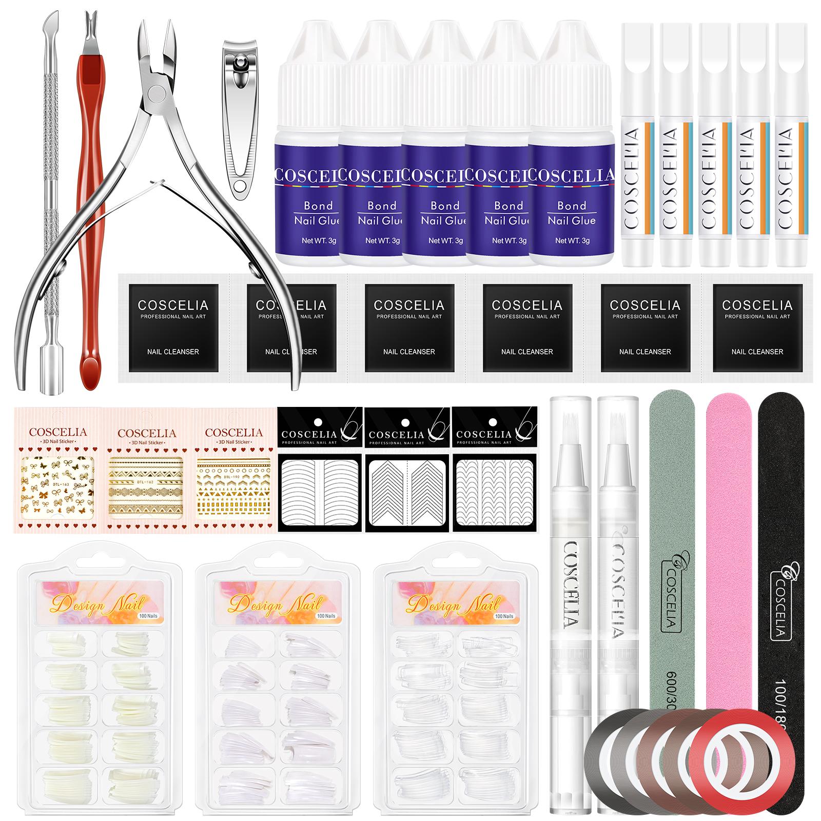 

COSCELIA Набор маникюрных инструментов 10 шт. Клей для ногтей Сильная адгезия и 300 шт. Накладные кончики ногтей Украшение ногтей Наклейки для дизайна ногтей для наращивания ногтей Дизайн ногтей