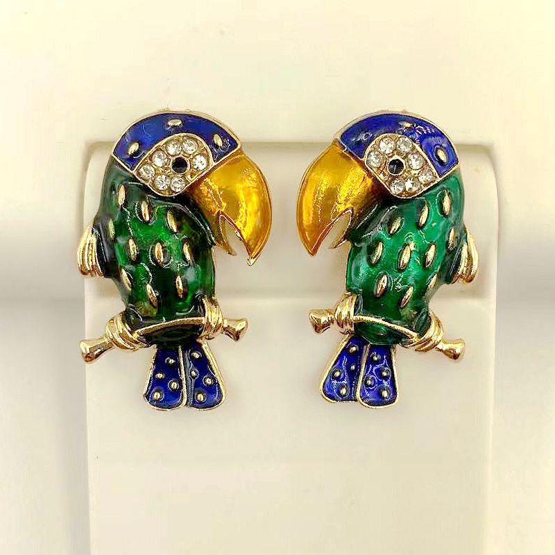 Exaggerated Rhinestone Parrot Earrings with Geometric Sphere and Creative Inlaid Drip Design