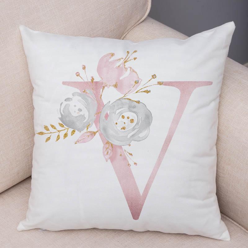 

English Flower Pink Letter Print Pillow Case for Sofa Home Car Chidren Room Decor Floral A-Z Cushion Cover Plush Pillowcase 45x45cm18x18Inch