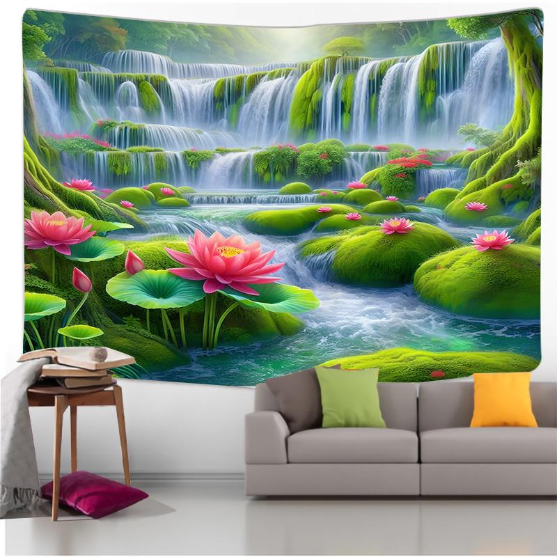 Nature Landscape Wall Tapestry Waterfall And Deer Art Sunny Forest Design Boho Decor For Living Room And Bedroom